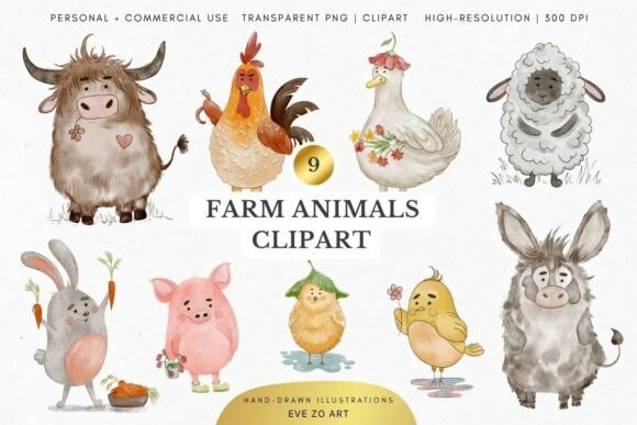 Whimsical Farm Animals Clipart Set: Integrating Rustic Charm into Professional Creative Workflows